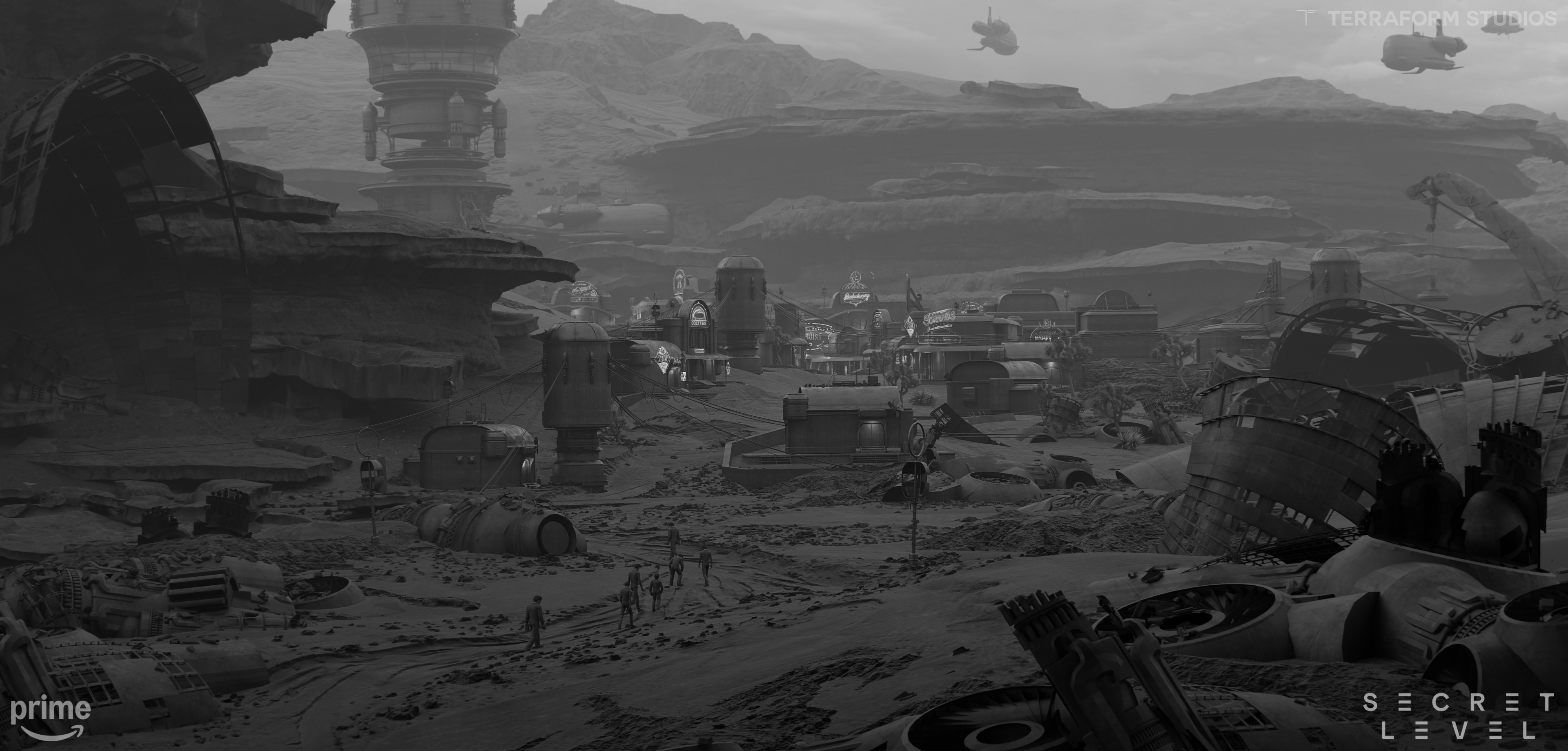 Black and white Argos Town environment design exploration by Alex Pi